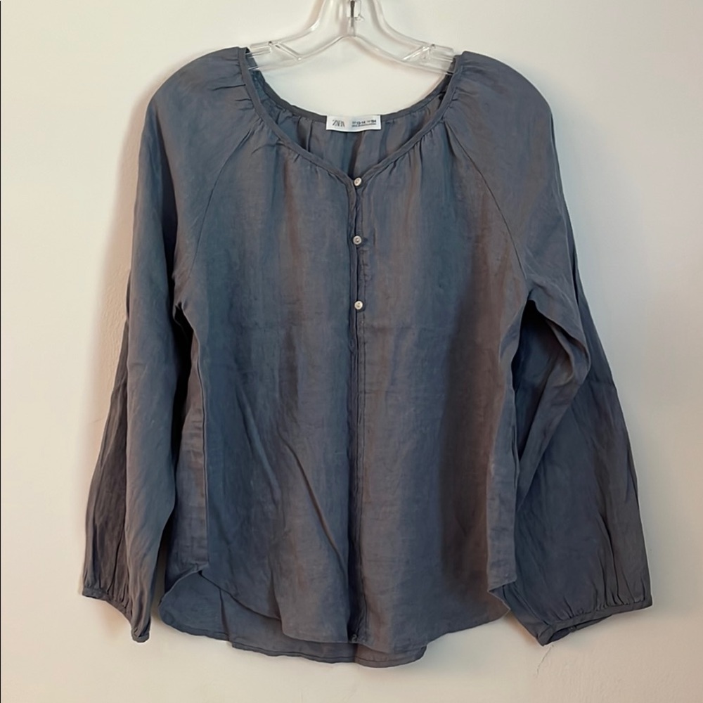 Zara Linen Relaxed Mandarin Collar Blouse